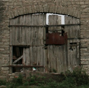 Old threshing barn doors on elevated footings